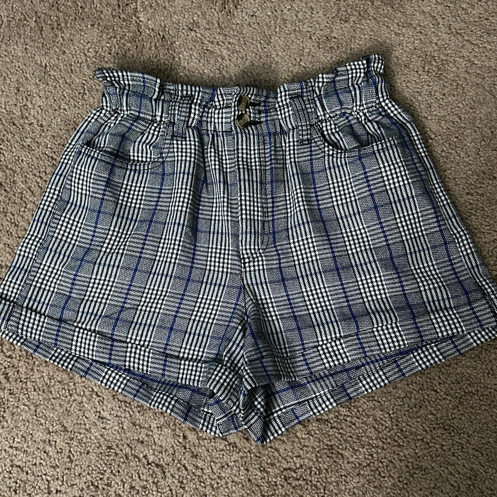 American Eagle Blue & Black Plaid Paper Bag High-Waisted Shorts, Size 10